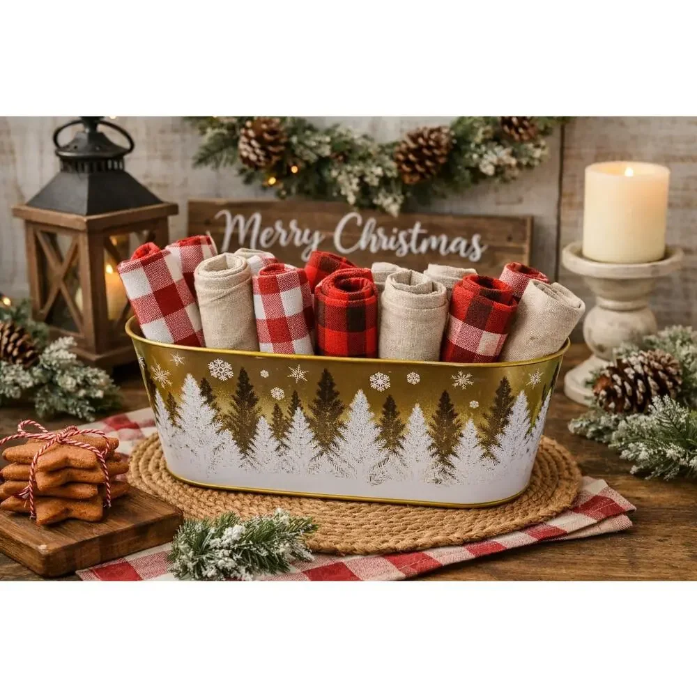 Winter Forest Oval Metal Planter, Centerpiece or Gift Basket Container